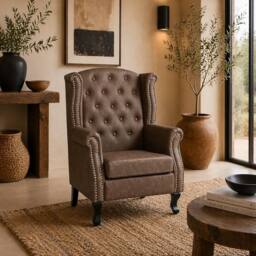 Wyld Haus Selato Brown Chesterfield Style Wingback Accent Chair Faux Leather - thumbnail 1