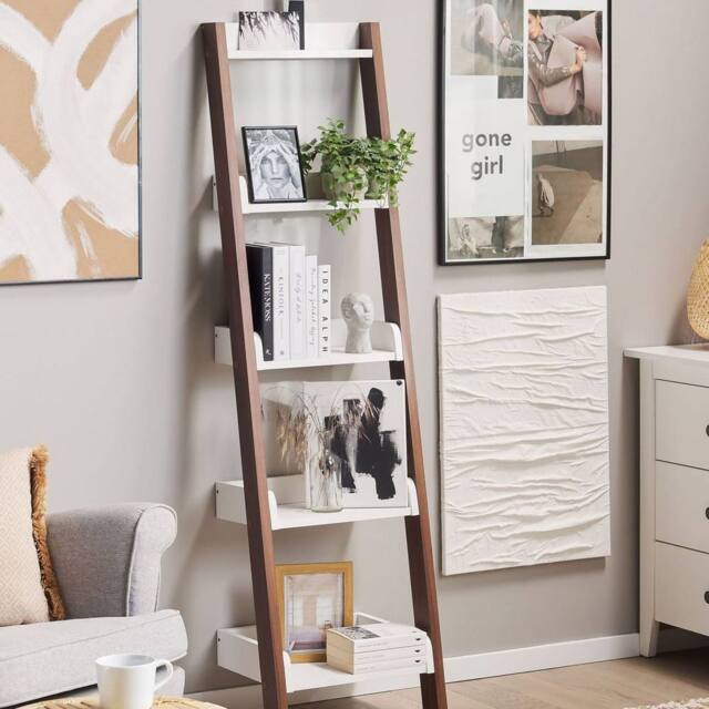Wyld and Coco 5-Tier Ladder Bookcase Dark Wood with White Shelves W45 x D36 x H166cm - image 1