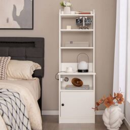 Gymax 6-Tier Nightstand Bedside Tables Tall Night Stands With Charging Station in White - thumbnail 5