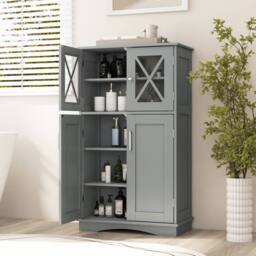 Gymax Bathroom Storage Cabinet 108 cm Linen Storage Cabinet With Doors in Grey - thumbnail 9
