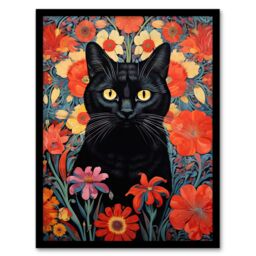 "Artery8 Wall Art Print Stylish Black Cat On Red Flowers Floral Design Lucky Witch Art Framed - Size: W12"" x H16""" - thumbnail 1
