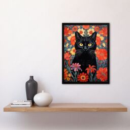 "Artery8 Wall Art Print Stylish Black Cat On Red Flowers Floral Design Lucky Witch Art Framed - Size: W12"" x H16""" - thumbnail 2