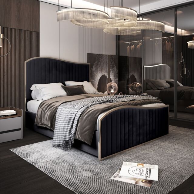 Casani Brixton Upholstered Soft Velvet Metal Bed Frame in Black - Size: King - image 1