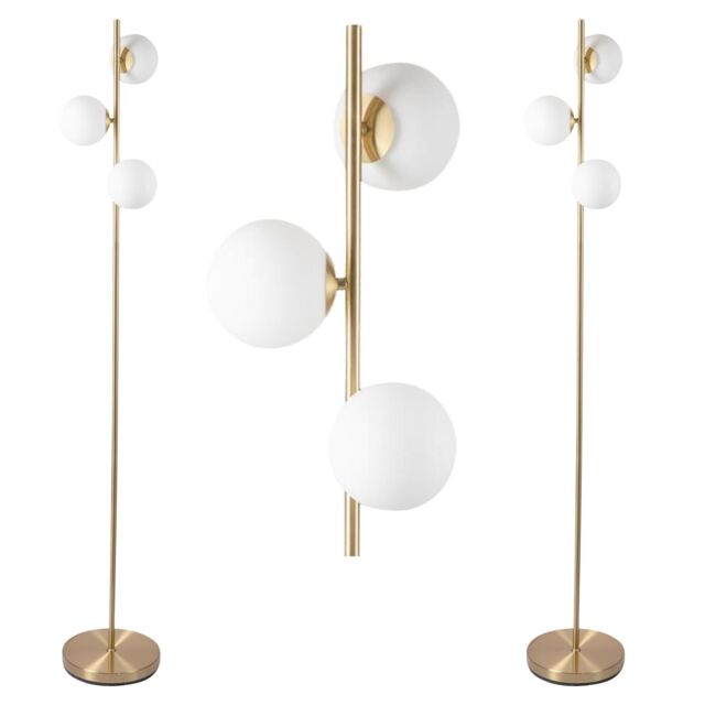 First Choice Lighting Pair of Satin Brass Floor Lamps with Opal Globe Shades in Gold - image 1