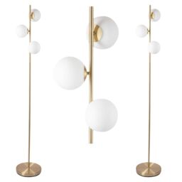 First Choice Lighting Pair of Satin Brass Floor Lamps with Opal Globe Shades in Gold - thumbnail 1