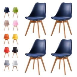 MCC Direct Set of 4 Dining Chairs Wooden Legs & Padded Seat Cushions Eva in Blue - thumbnail 1