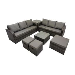 Fimous Rattan Garden Outdoor Furniture Set with Side Table 3 Stools in Dark Grey - thumbnail 2