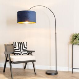 ValueLights Louis Black Arched Floor Lamp with Velvet Drum Metallic Gold Inner Shade in Dark Navy