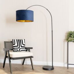 ValueLights Louis Black Arched Floor Lamp with Velvet Drum Metallic Gold Inner Shade in Dark Navy - thumbnail 3