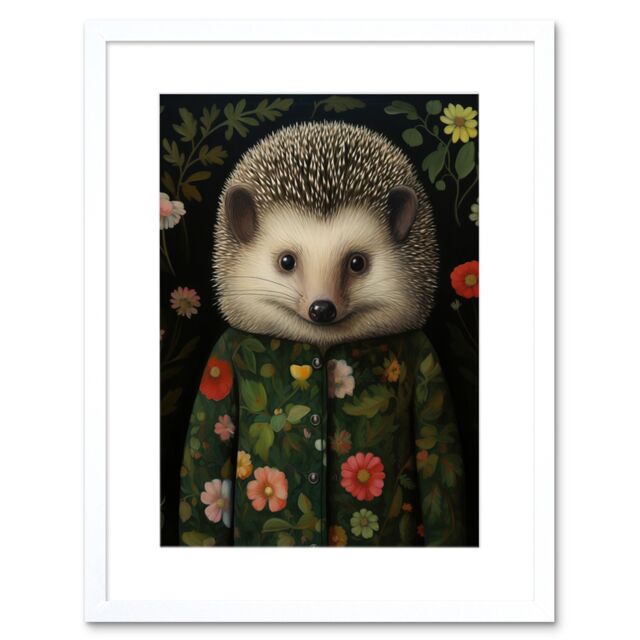 "Artery8 Wall Art Print Hedgehog in Hedgerow Floral Jacket Cute Kids Bedroom Artwork Framed 9X7 Inch in White - Size: W7"" x H9""" - image 1