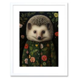 "Artery8 Wall Art Print Hedgehog in Hedgerow Floral Jacket Cute Kids Bedroom Artwork Framed 9X7 Inch in White - Size: W7"" x H9""" - thumbnail 1