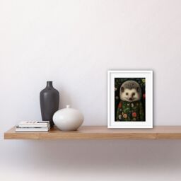 "Artery8 Wall Art Print Hedgehog in Hedgerow Floral Jacket Cute Kids Bedroom Artwork Framed 9X7 Inch in White - Size: W7"" x H9""" - thumbnail 2