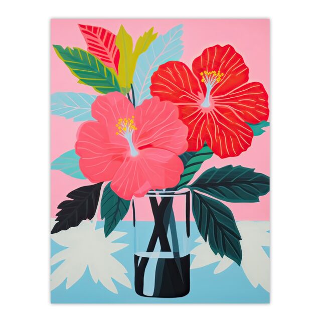 "Artery8 Wall Art Print Hibiscus Flowers in Vase Stylised Graphic Painting Pink Blue Green Still Life Poster - Size: W18"" x H24""" - image 1