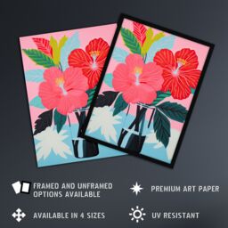 "Artery8 Wall Art Print Hibiscus Flowers in Vase Stylised Graphic Painting Pink Blue Green Still Life Poster - Size: W18"" x H24""" - thumbnail 2