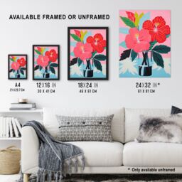 "Artery8 Wall Art Print Hibiscus Flowers in Vase Stylised Graphic Painting Pink Blue Green Still Life Poster - Size: W18"" x H24""" - thumbnail 3
