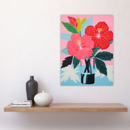 "Artery8 Wall Art Print Hibiscus Flowers in Vase Stylised Graphic Painting Pink Blue Green Still Life Poster - Size: W18"" x H24""" - thumbnail 4