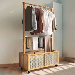 EONLION Bamboo Hanging Clothes Rail with Basket in Natural - Size: 500mm - thumbnail 4