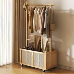 EONLION Bamboo Hanging Clothes Rail with Basket in Natural - Size: 500mm