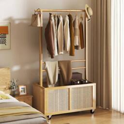 EONLION Bamboo Hanging Clothes Rail with Basket in Natural - Size: 500mm - thumbnail 3