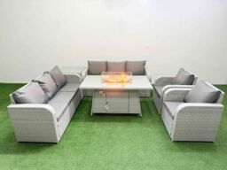 Fimous PE Rattan High Back Lounge Sofa Set Patio Firepit Dining Table & Chairs Set with 3 Seater Sofa Reclining Chair Side Table Light Grey - thumbnail 2