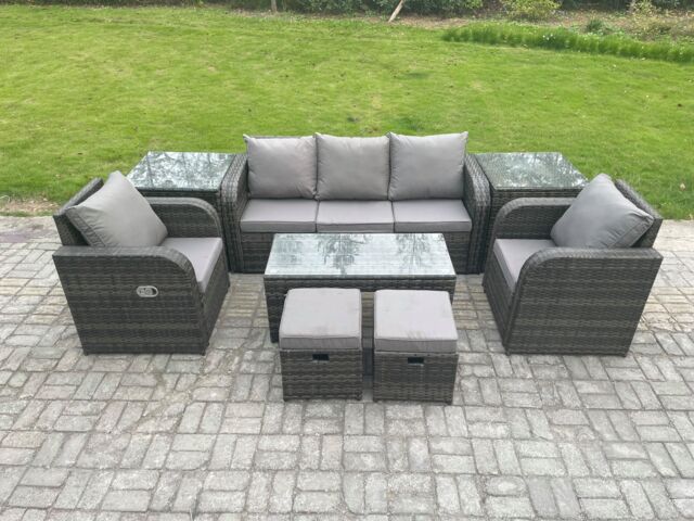 Fimous 7 Seater Rattan Garden Furniture Set with Rectangular Coffee Table 2 Side Tables 2 Small Footstools Patio Outdoor in Dark Grey - image 1