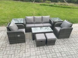 Fimous 7 Seater Rattan Garden Furniture Set with Rectangular Coffee Table 2 Side Tables 2 Small Footstools Patio Outdoor in Dark Grey - thumbnail 2