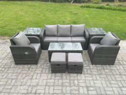 Fimous 7 Seater Rattan Garden Furniture Set with Rectangular Coffee Table 2 Side Tables 2 Small Footstools Patio Outdoor in Dark Grey - thumbnail 1