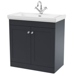 Balterley Bathroom Floor 2-Door Vanity Unit & Fireclay Basin, Dark Grey, 800mm in Grey - thumbnail 1