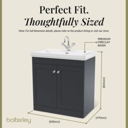Balterley Bathroom Floor 2-Door Vanity Unit & Fireclay Basin, Dark Grey, 800mm in Grey - thumbnail 5