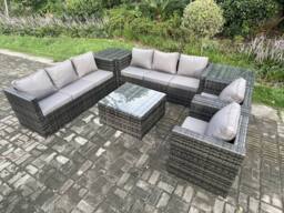 Fimous 8 Seater Rattan Garden Furniture Sofa Set with 2 Armchairs Square Coffee Table 2 Side Tables Indoor Side Table in Dark Grey - thumbnail 2