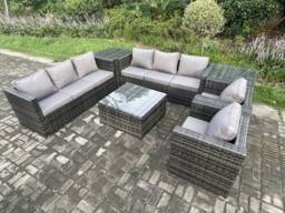 Fimous 8 Seater Rattan Garden Furniture Sofa Set with 2 Armchairs Square Coffee Table 2 Side Tables Indoor Side Table in Dark Grey - thumbnail 1
