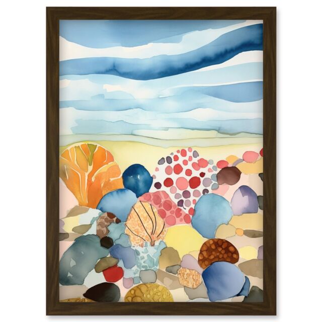 Artery8 Seaside Beachcombing Colourful Seashells & Beach Pebbles Watercolour Painting Artwork Framed Wall Art Print A4 in Brown - image 1