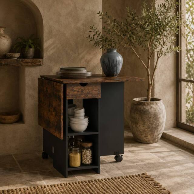 Wyld Haus Barretti Rustic Brown Folding Drop Leaf Dining Table Drawer Shelves - image 1