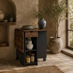 Wyld Haus Barretti Rustic Brown Folding Drop Leaf Dining Table Drawer Shelves - thumbnail 1