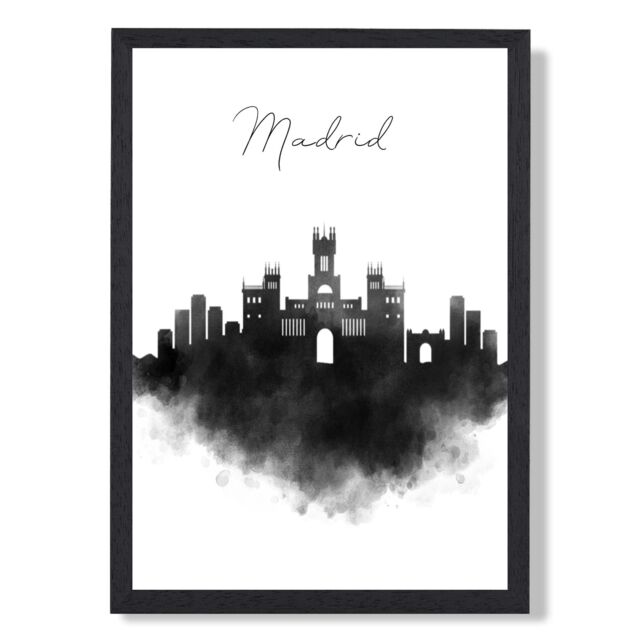 ARTZE Madrid Watercolour Skyline City Framed Print SIZE: A2 with Black Frame - Size: A4 - image 1