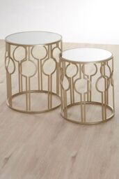 Orsina Set of 2 Circle Design Champagne Tables, Modern Round Stackable Sofa Side Tables, Mirrored Top End Tables in Gold - thumbnail 2
