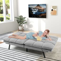 Costway 2 Seat Convertible Loveseat Sofa Bed Memory Foam Sleeper Couch 3-level Adjust in Grey - thumbnail 4