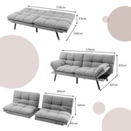 Costway 2 Seat Convertible Loveseat Sofa Bed Memory Foam Sleeper Couch 3-level Adjust in Grey - thumbnail 2