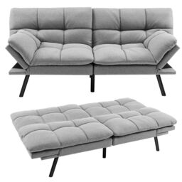 Costway 2 Seat Convertible Loveseat Sofa Bed Memory Foam Sleeper Couch 3-level Adjust in Grey - thumbnail 1