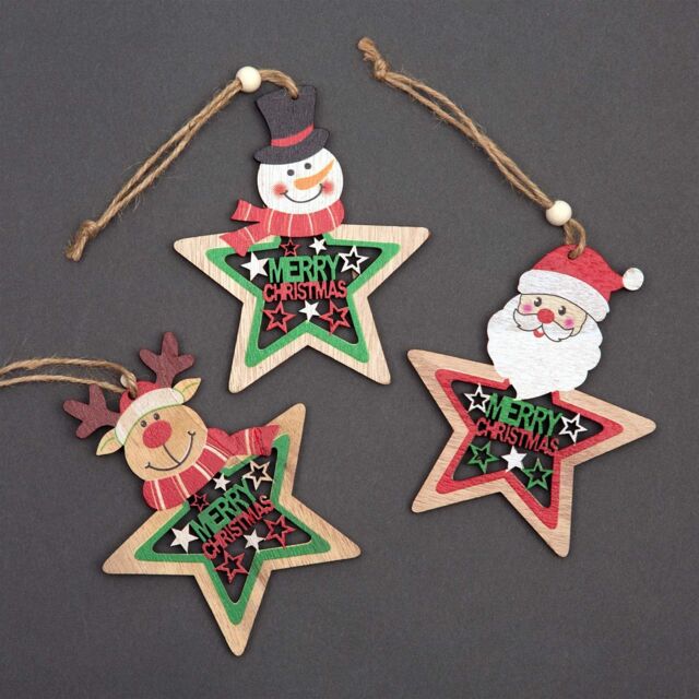 Shatchi Christmas Tree Ornaments Wooden Aesthetic Hanging Decorations Painted Stars 3Pcs - image 1