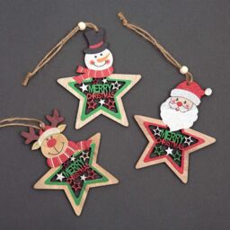 Shatchi Christmas Tree Ornaments Wooden Aesthetic Hanging Decorations Painted Stars 3Pcs - thumbnail 3