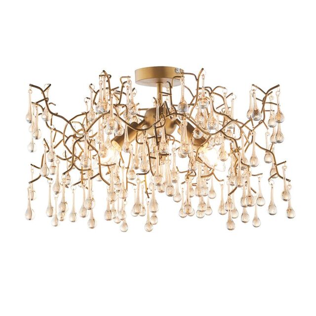 Loops Aged Gold Semi Flush Ceiling Light with Glass Droplets 3 Bulb Low Hanging Light in Clear - image 1