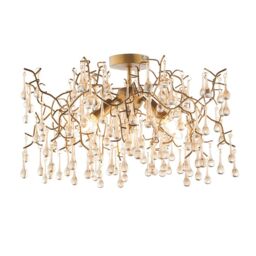 Loops Aged Gold Semi Flush Ceiling Light with Glass Droplets 3 Bulb Low Hanging Light in Clear