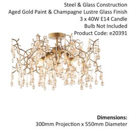 Loops Aged Gold Semi Flush Ceiling Light with Glass Droplets 3 Bulb Low Hanging Light in Clear - thumbnail 2