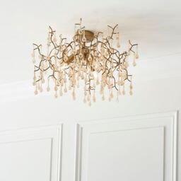 Loops Aged Gold Semi Flush Ceiling Light with Glass Droplets 3 Bulb Low Hanging Light in Clear - thumbnail 5