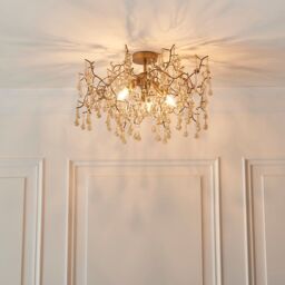 Loops Aged Gold Semi Flush Ceiling Light with Glass Droplets 3 Bulb Low Hanging Light in Clear - thumbnail 4