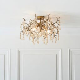 Loops Aged Gold Semi Flush Ceiling Light with Glass Droplets 3 Bulb Low Hanging Light in Clear - thumbnail 3