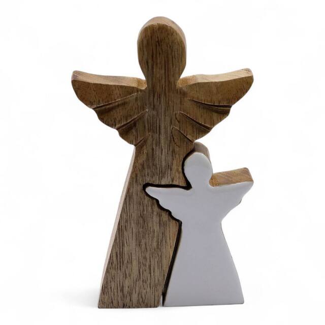 Serenityy Mango Wood Double-Angel Ornament - White Enamel - image 1