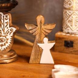 Serenityy Mango Wood Double-Angel Ornament - White Enamel - thumbnail 4