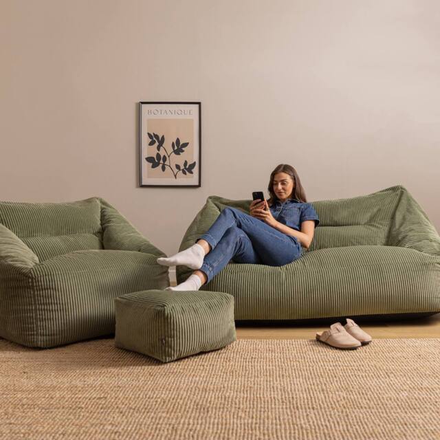 icon Bean Bag Sofa & Footstool Bundle, Jumbo Corduroy in Green - Size: Medium - image 1